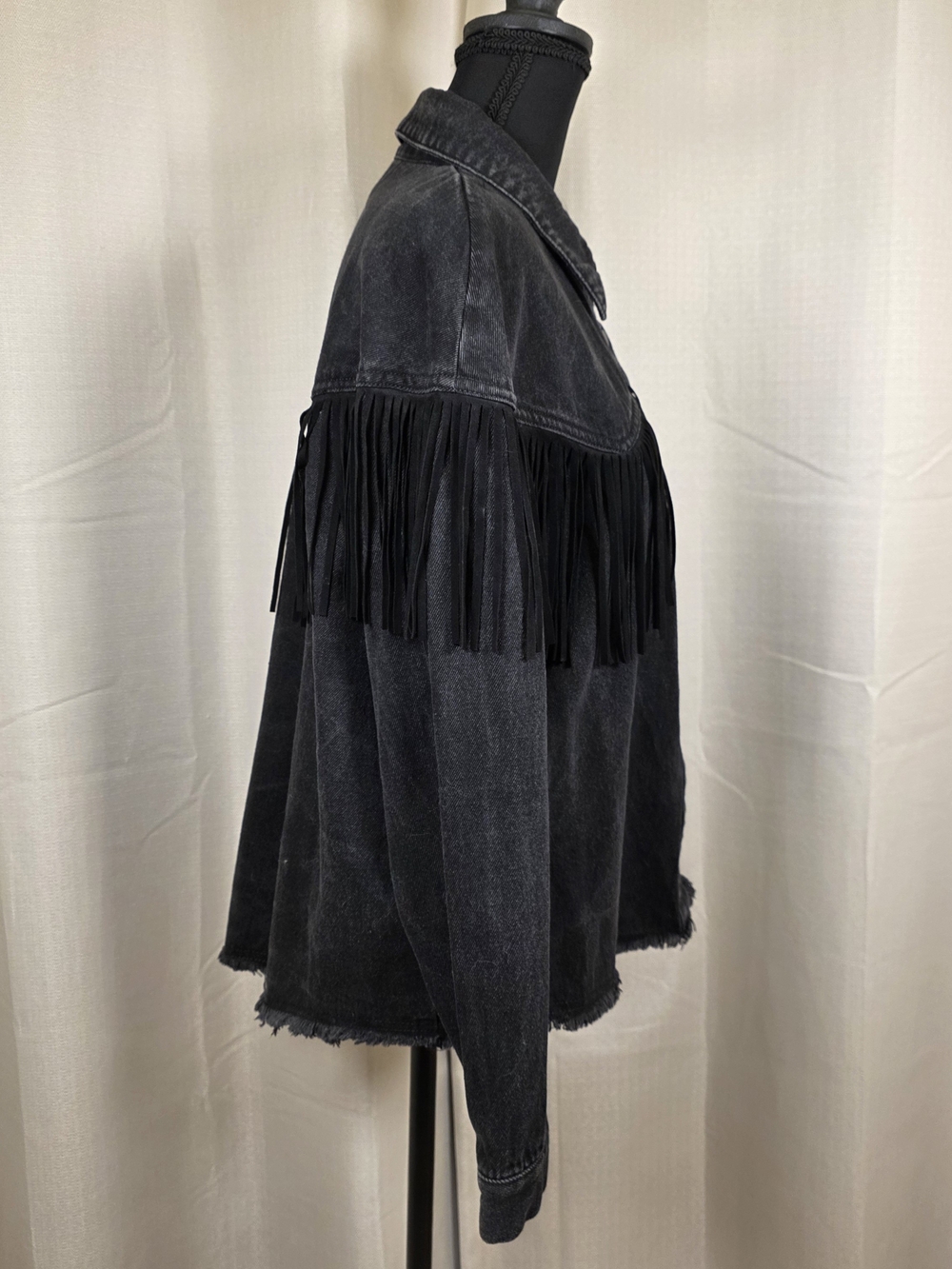 Zara Western Fringe Denim Jacket Medium Black Cowboycore Shacket - Picture 3 of 11
